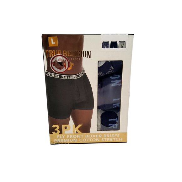 True Religion Mens 3-Pack Fly Front Boxer Briefs Premium Cotton Stretch Size L - Picture 1 of 5